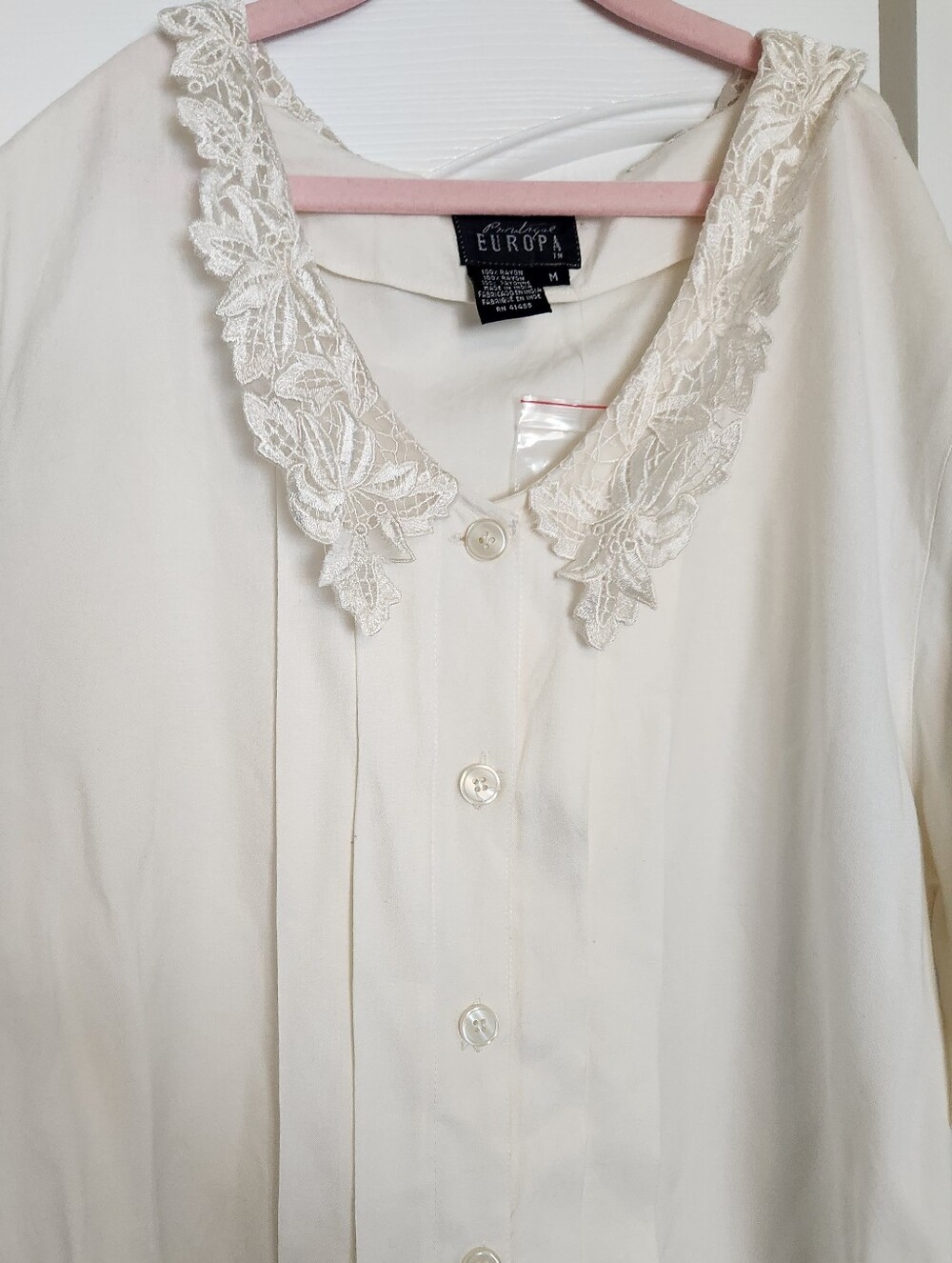 Vintage Lace Collar Cream Milk Maid Edwardian Button-Up Blouse Oversized